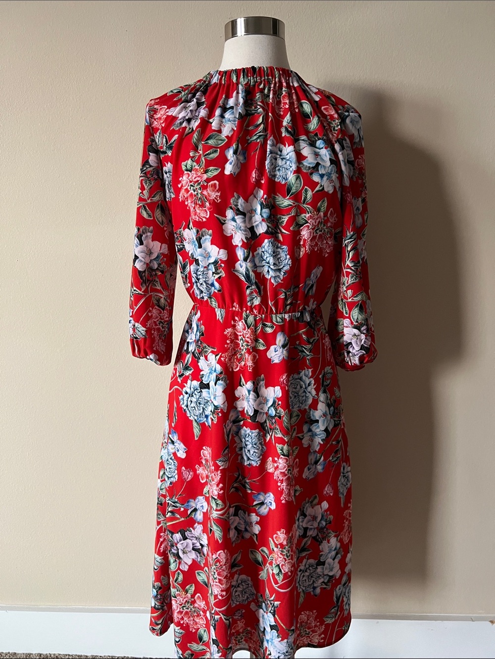 H&M Red Floral Midi Dress with Blue & White Blooms